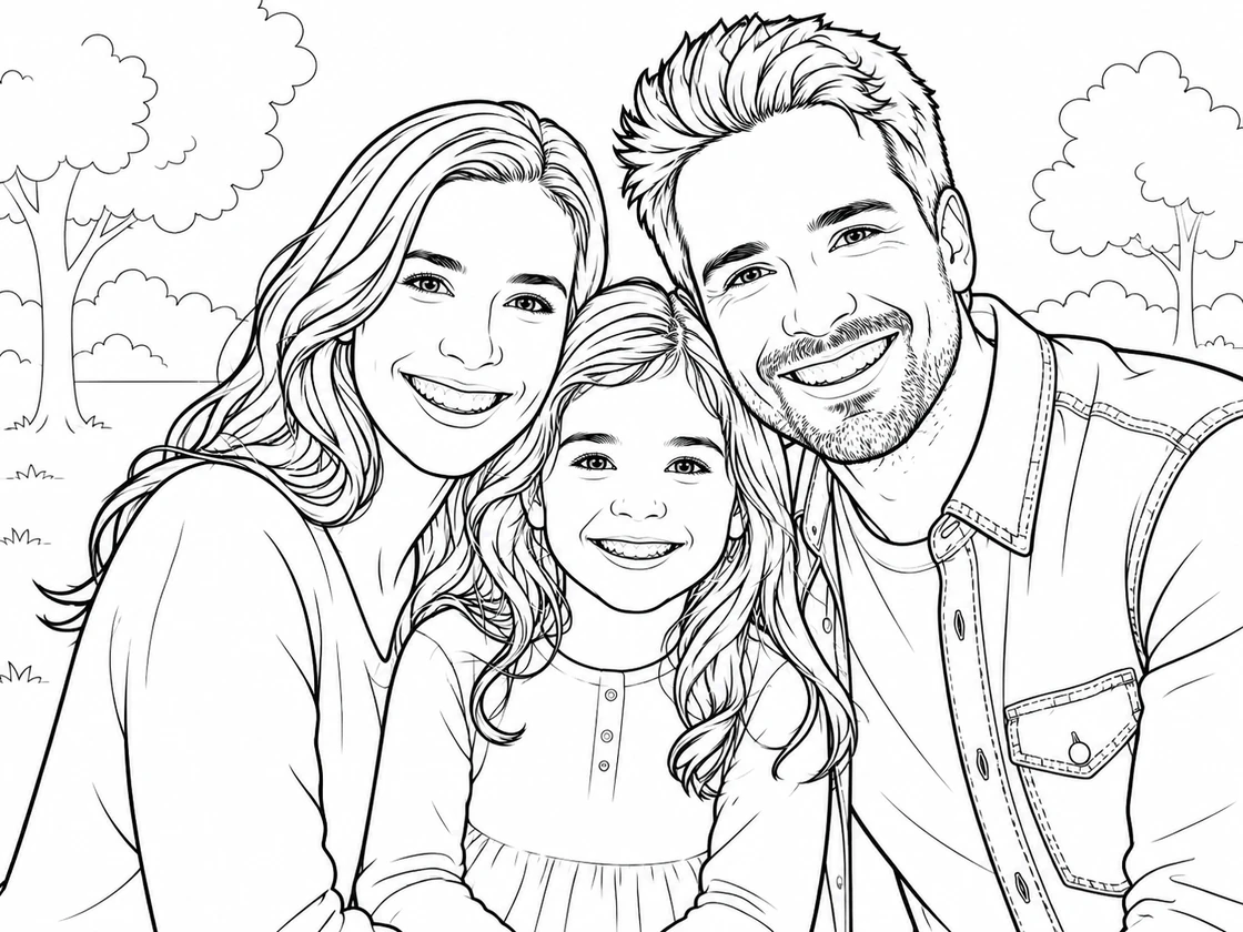 The same family photo as a coloring page